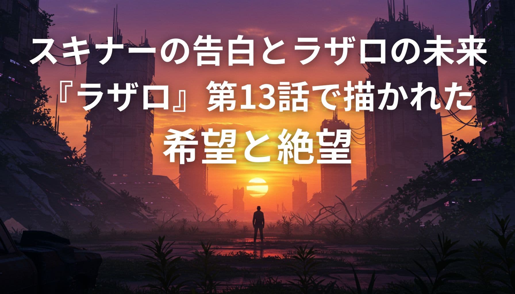 夕焼けに照らされた廃墟都市と孤独に立つ人物、『ラザロ』第13話の希望と絶望を象徴するアイキャッチ画像