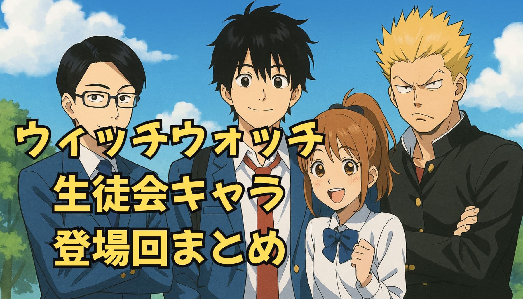 アニメ『ウィッチウォッチ』の登場キャラクター4人が並ぶシーン。中央に大きなタイトルテキスト「ウィッチウォッチ 生徒会キャラ 登場回まとめ」。