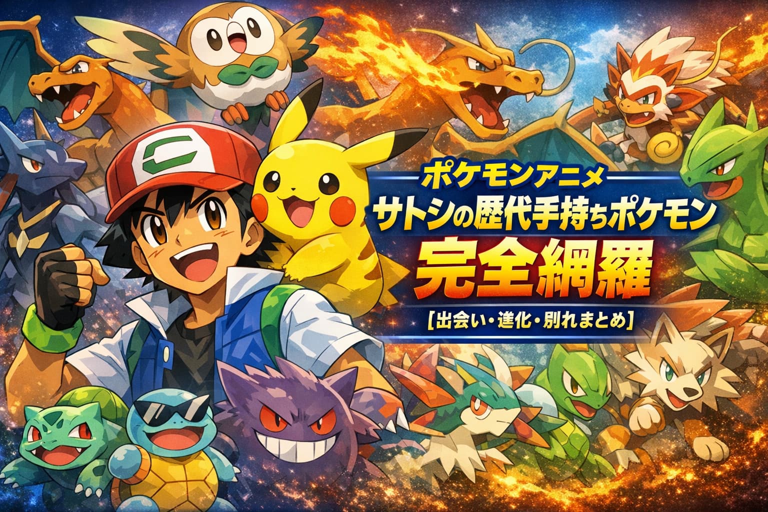 サトシとピカチュウを中心に、リザードンやゲッコウガなど歴代手持ちポケモンが集合し、右中央に「ポケモンアニメ｜サトシの歴代手持ちポケモン完全網羅【出会い・進化・別れまとめ】」と配置された横長アイキャッチ画像