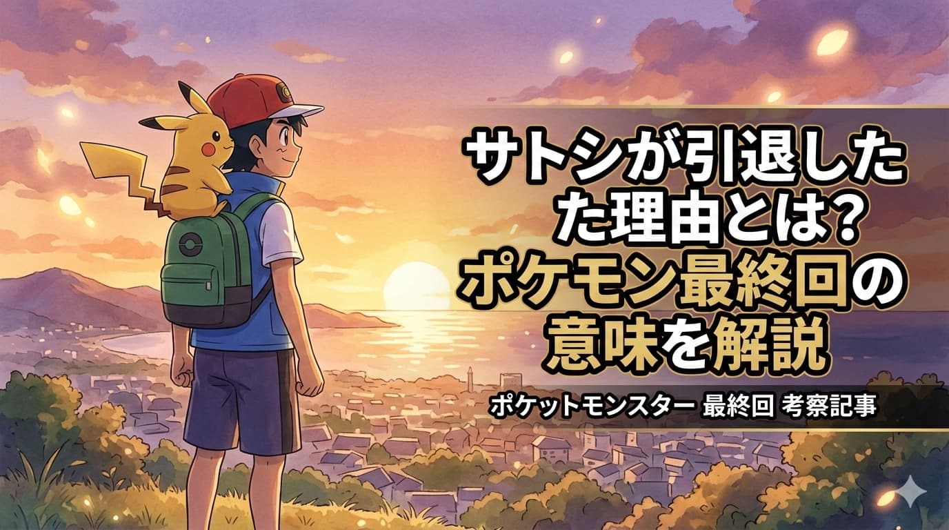 夕暮れの街を見下ろすサトシとピカチュウの後ろ姿のイラスト。右側にブログ記事タイトル「サトシが引退した理由とは？ポケモン最終回の意味を解説」の文字。