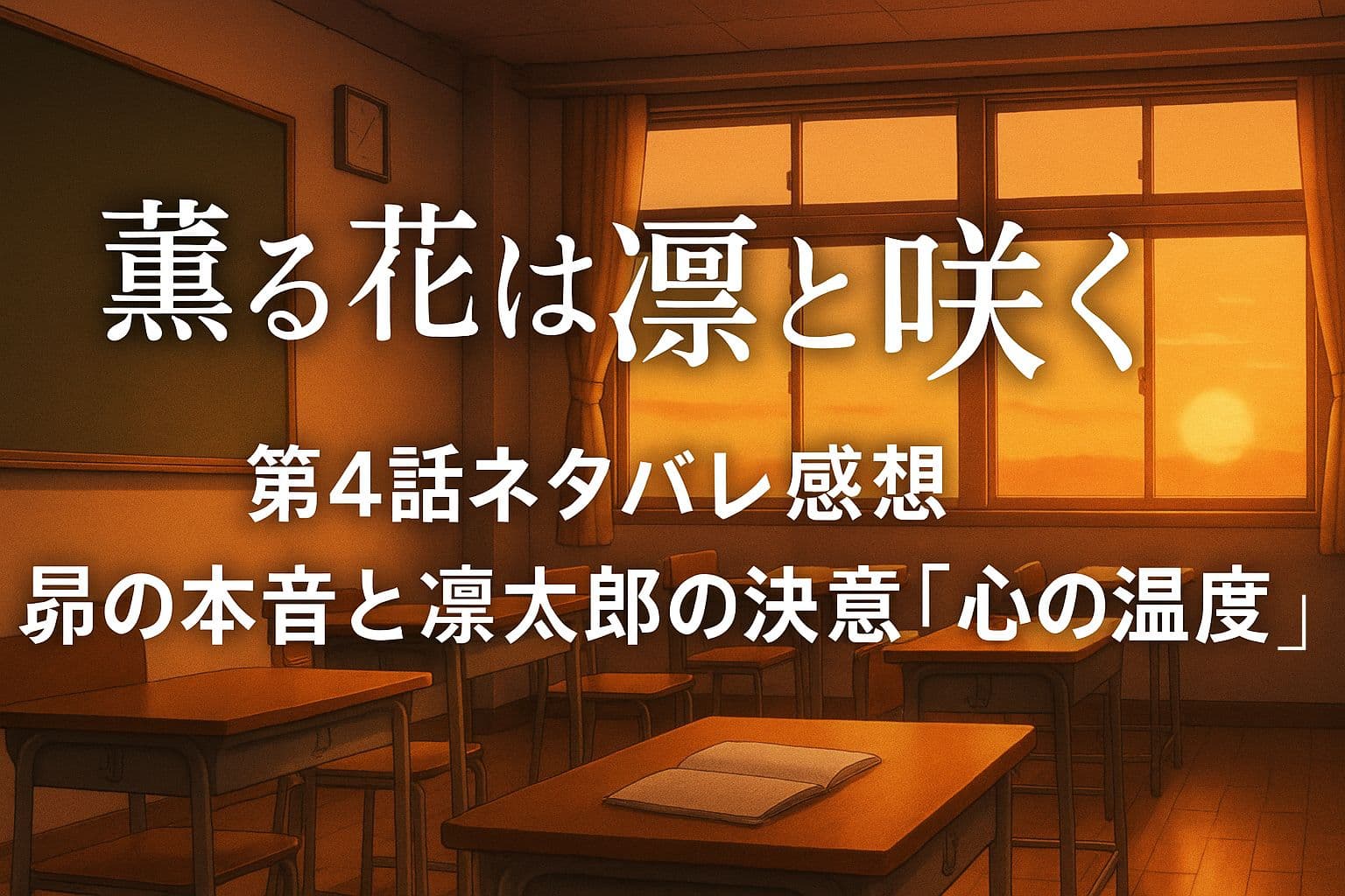 夕焼けに染まる放課後の教室。机の上には一冊のノートが置かれ、窓から差し込む陽光が室内を温かく照らしている。画像中央に『薫る花は凛と咲く』第4話ネタバレ感想｜昴の本音と凛太郎の決意「心の温度」と書かれている。
