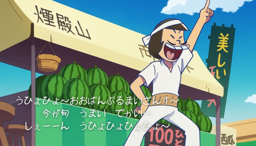 スイカを100円で売る威勢のいい露店商人