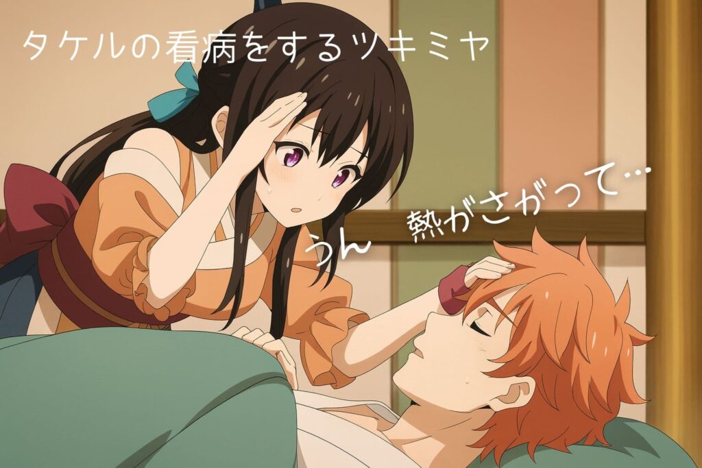 心配そうな表情の少女が、布団に横たわる青年の額に手を当てて看病しているアニメ風のシーン。和風の室内で、温かみのある色合いが印象的。
