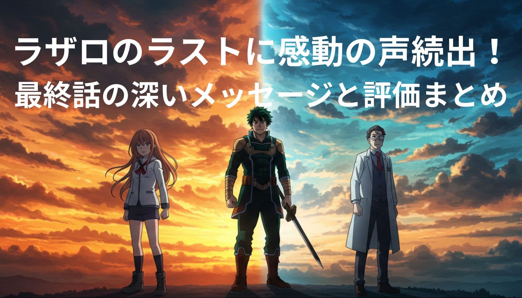 アニメ『ラザロ』の最終話を象徴する夕焼けと青空の背景に立つ3人のキャラクター。中央には剣を持った主人公風の青年。