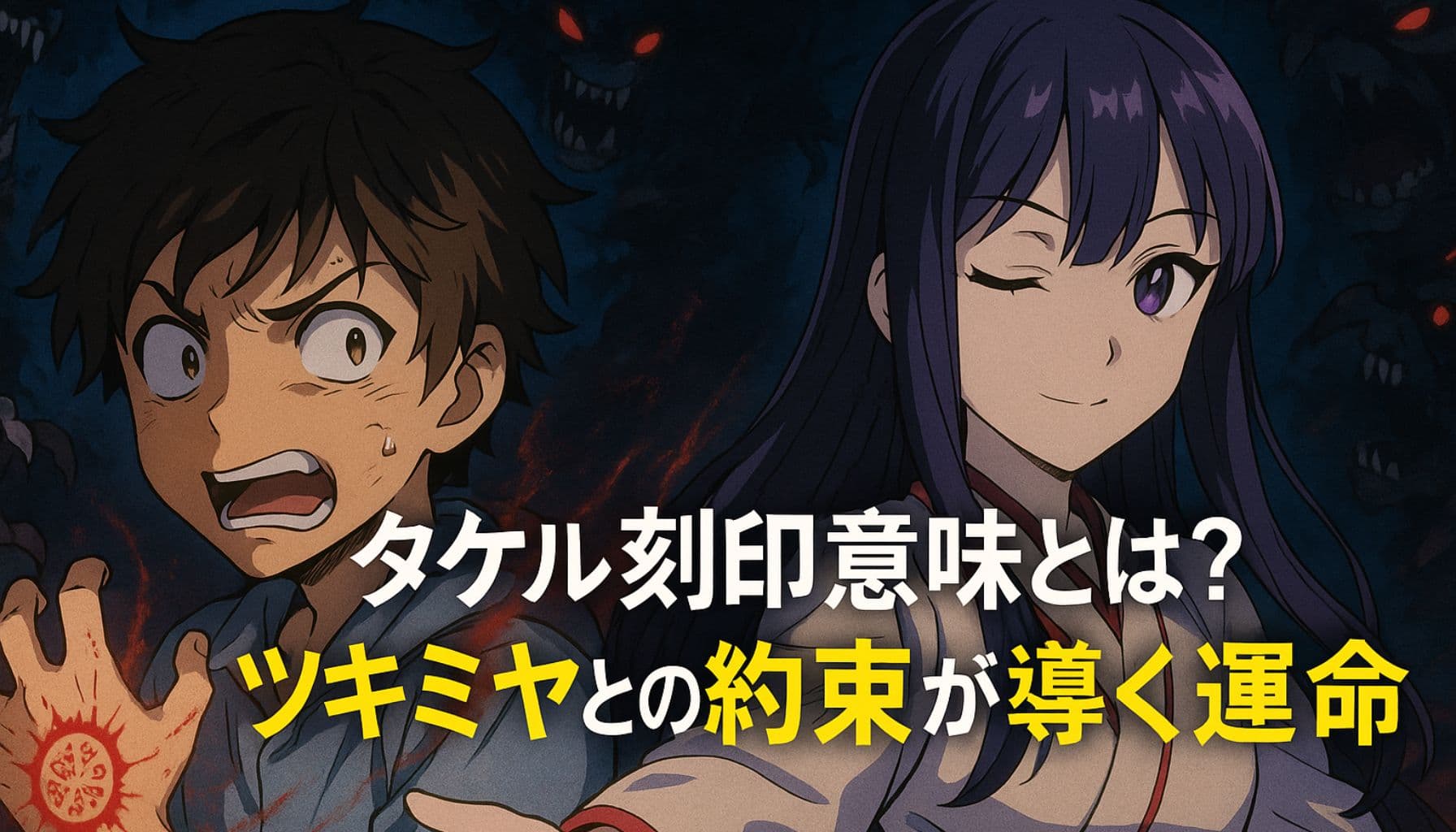 タケルの左手に刻印が浮かび、ツキミヤと再会する場面のアニメ風イラスト
