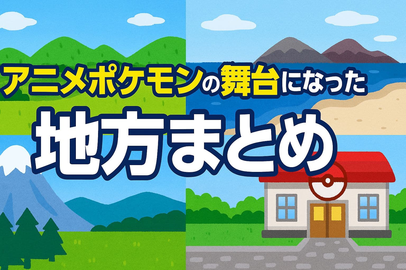 アニメポケモンの舞台になった地方を象徴する風景とジムが描かれたイラスト画像