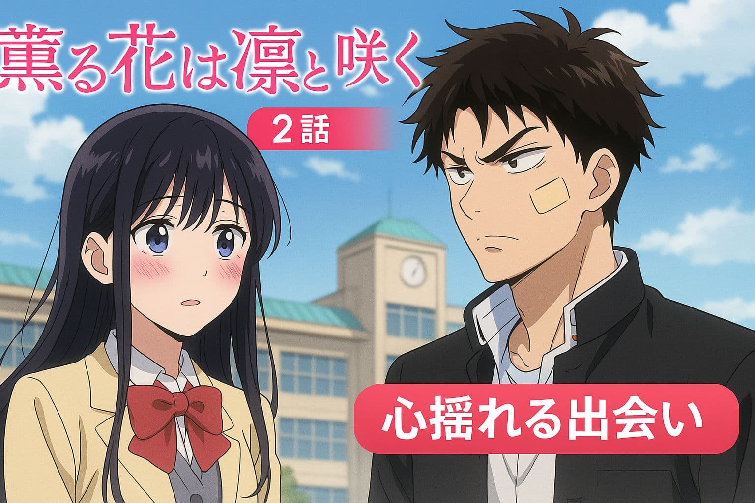 アニメ『薫る花は凛と咲く』第2話のアイキャッチ画像。桔梗の制服姿の薫子と、絆創膏を貼った凛太郎が校舎前で見つめ合うシーン。