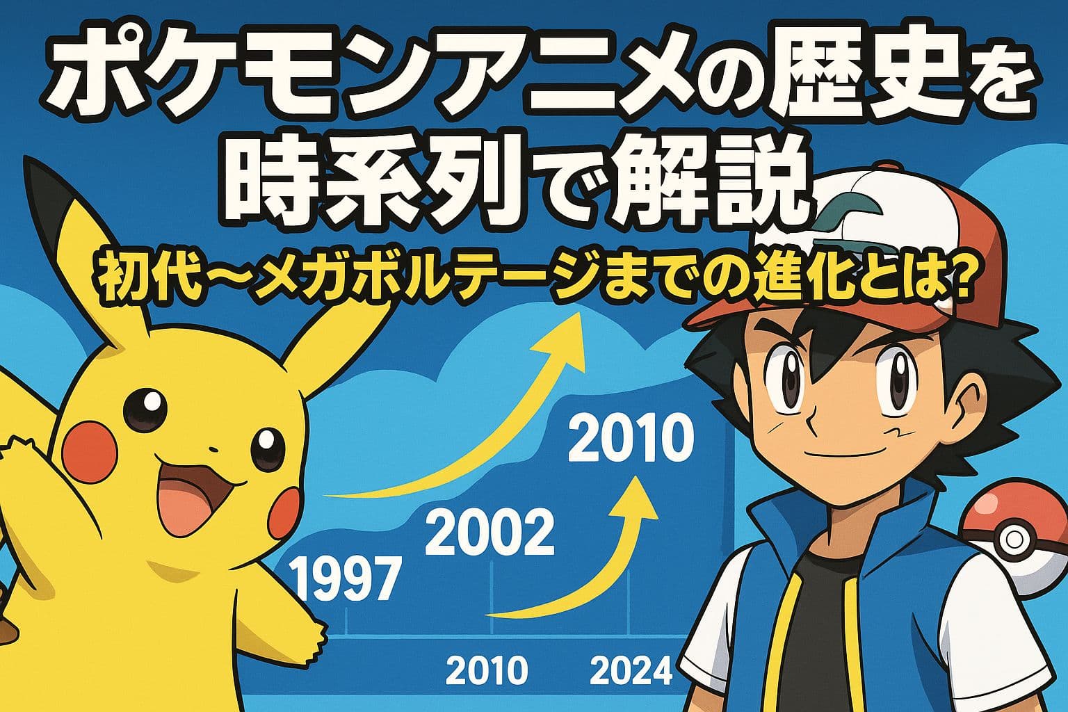 ポケモンアニメの歴史を時系列で解説するアイキャッチ画像。1997年から2024年のタイムラインにピカチュウとサトシが登場し、シリーズの進化を表現。