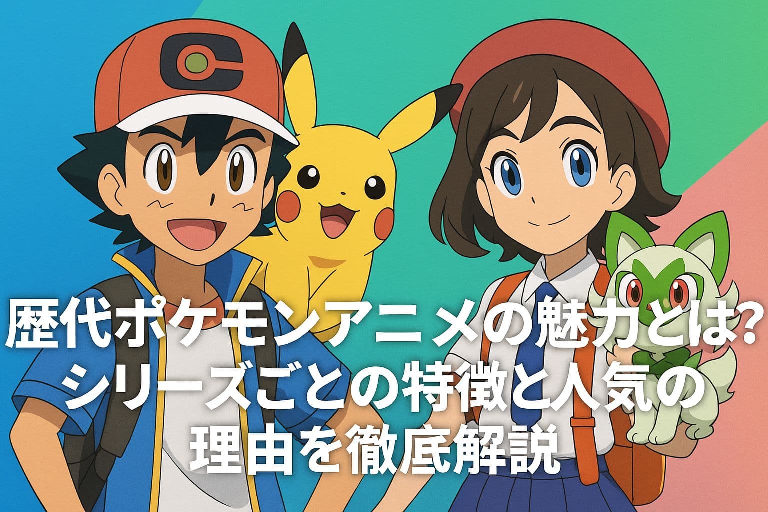 アニメ『ポケットモンスター』歴代シリーズの魅力を表すアイキャッチ画像。サトシとピカチュウ、そして新キャラの少女とニャオハが登場し、シリーズの多様性と進化を象徴している。