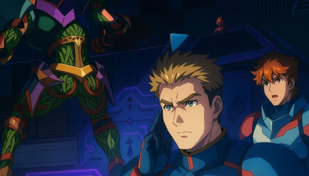 高性能な司令室で、植物装甲の戦士に向き合う緊迫したアニメ風のシーン。任務中の司令官と、驚く若き兵士が描かれている。