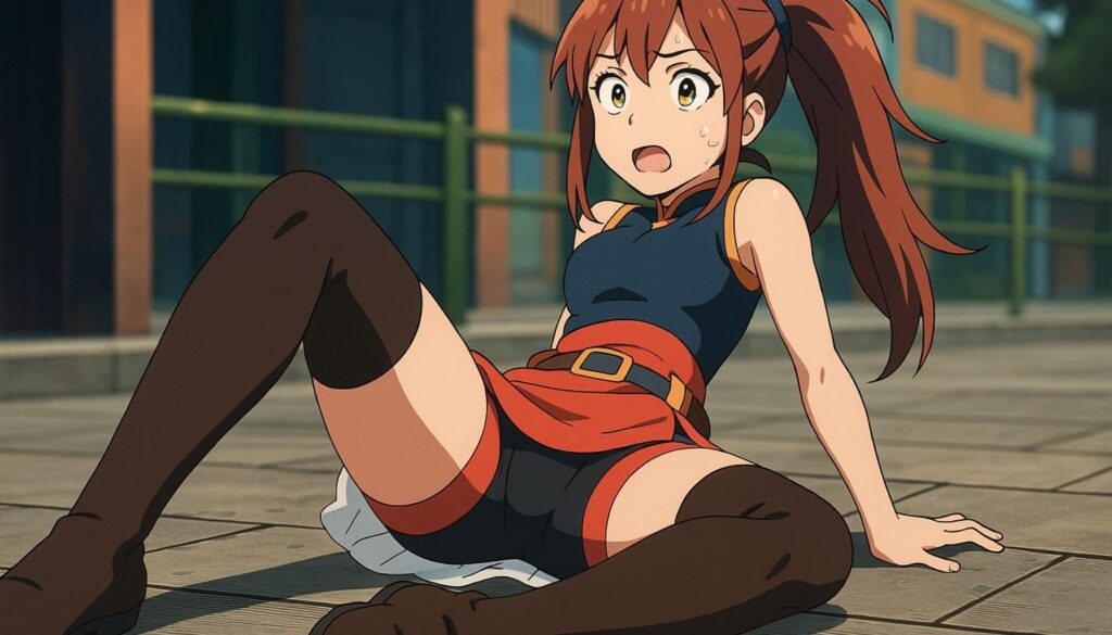 「バトルで敗れた少女が尻もちをつき、地面に座り込むアニメ風の場面。ユラがたけるとの戦いで倒された瞬間。