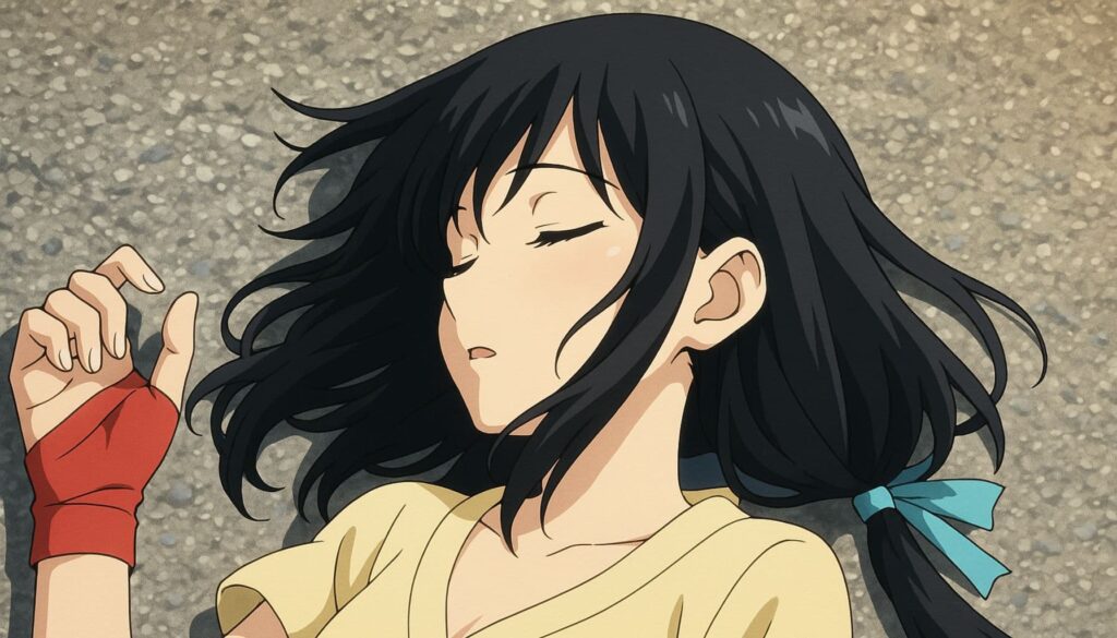 地面に横たわるツキミヤさん。怨人(おに) に捕えられたが、たけるに救出された後の安堵した表情。