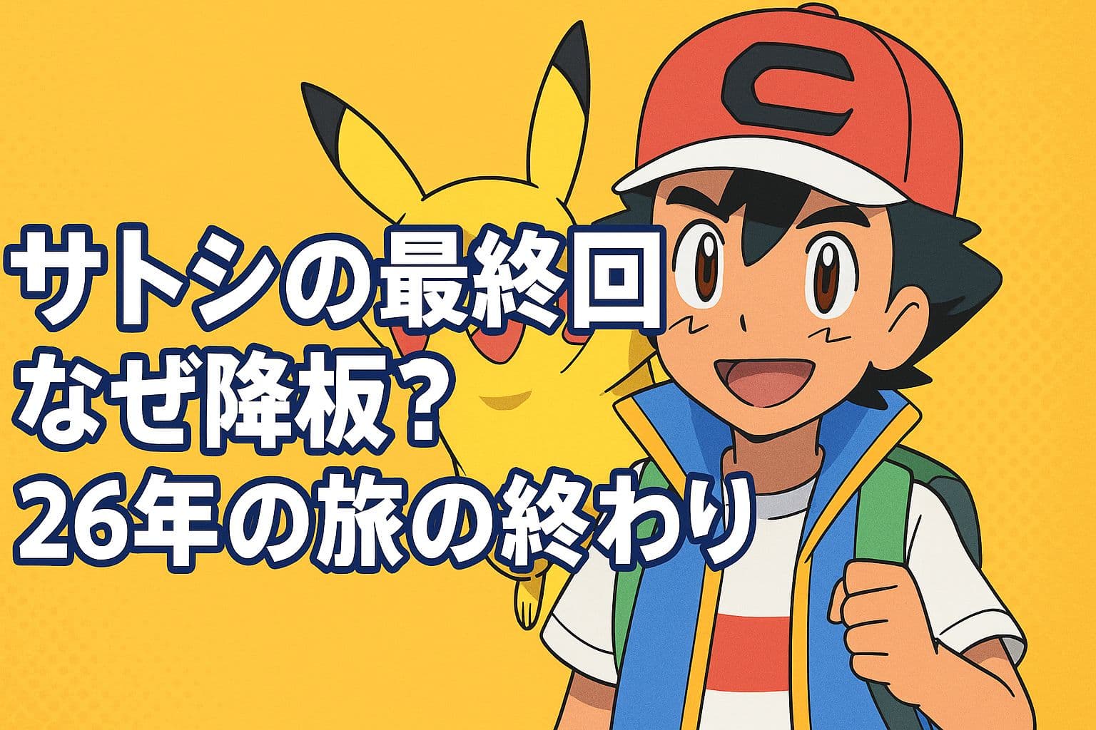 サトシとピカチュウが並ぶアニメ風イラスト。「サトシの最終回 なぜ降板？26年の旅の終わり」の文字入り