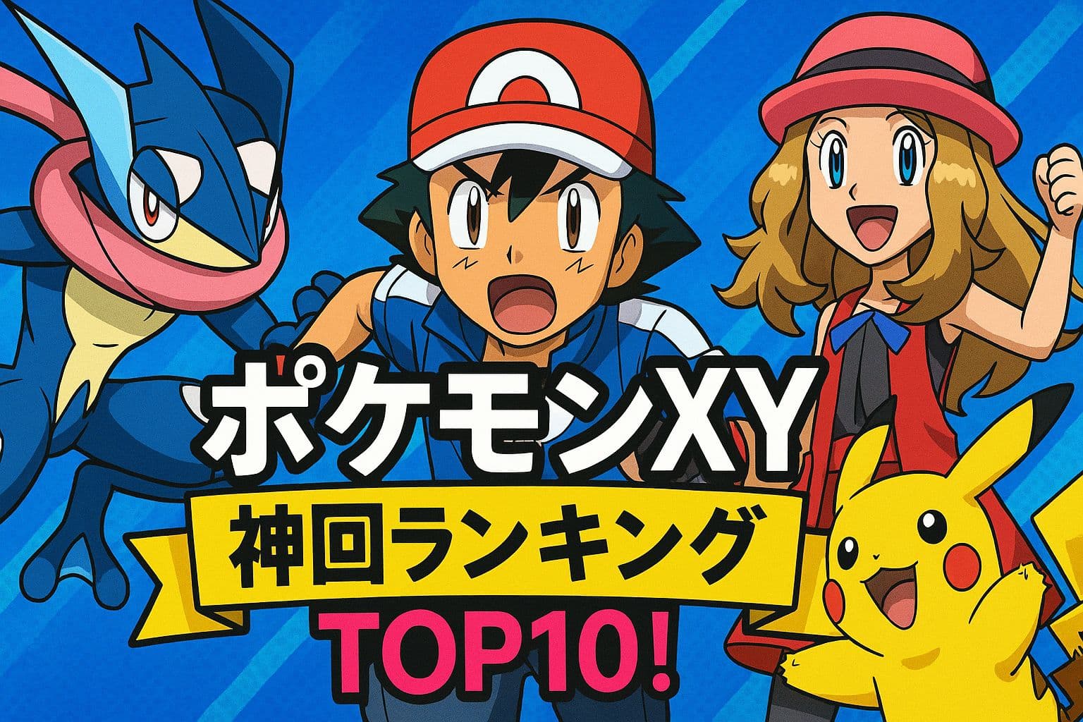 アニメ『ポケモンXY』の神回ランキングを紹介するアイキャッチ画像。サトシ、ゲッコウガ、セレナ、ピカチュウが描かれたデザイン。