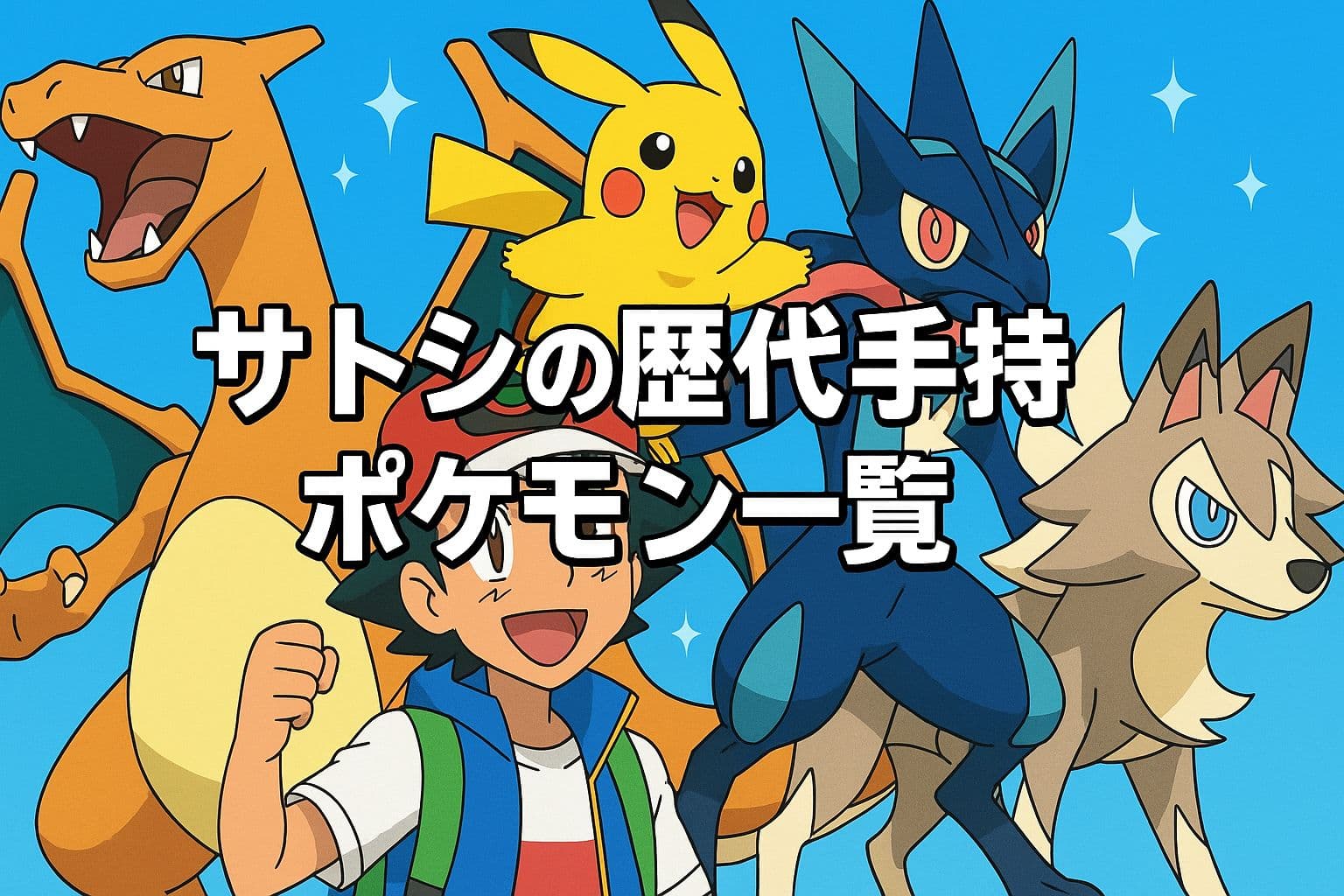 サトシの歴代手持ちポケモン一覧のアイキャッチ画像。ピカチュウ、リザードン、ゲッコウガ、ルカリオ、ルガルガンが描かれた横長のアニメ風イラスト