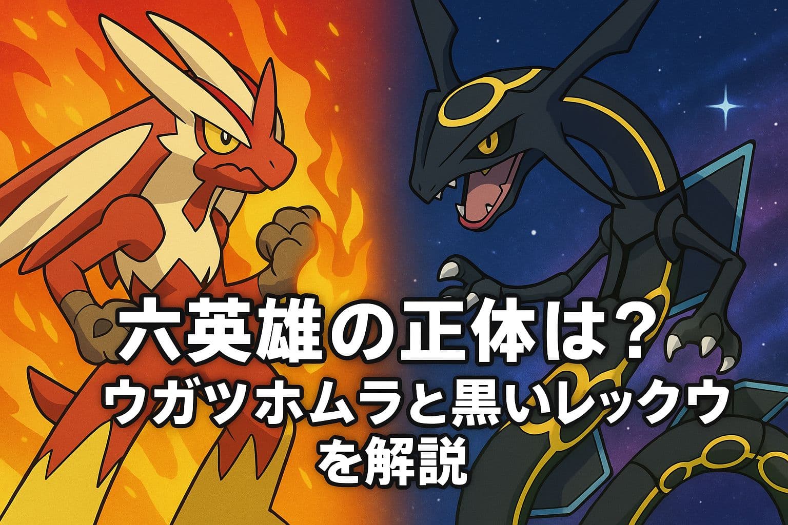 ウガツホムラと黒いレックウザが描かれた六英雄の正体を解説するアイキャッチ画像