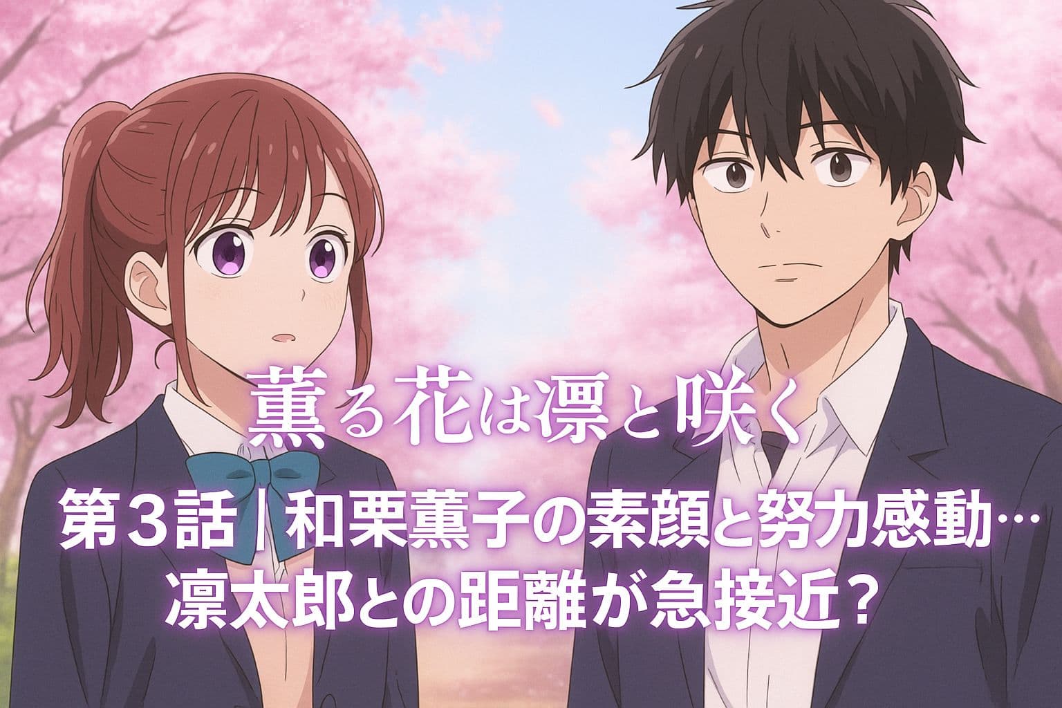 『薫る花は凛と咲く』第3話のアイキャッチ。桜並木を背景に、制服姿の薫子と凛太郎が並び、中央にタイトルとサブタイトルのテキスト。