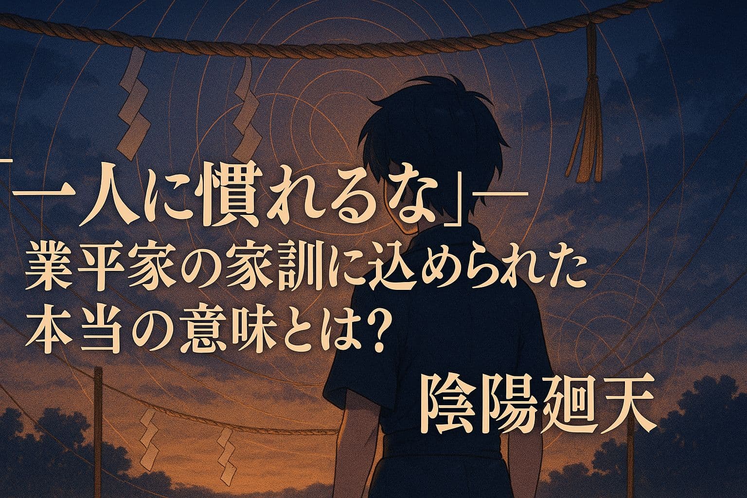 夕暮れの空を背景に、神聖な注連縄（しめなわ）と紙垂が揺れる中、一人佇む少年タケルの後ろ姿。「一人に慣れるな――業平家の家訓に込められた本当の意味とは？」という文字が中央に配置されている。