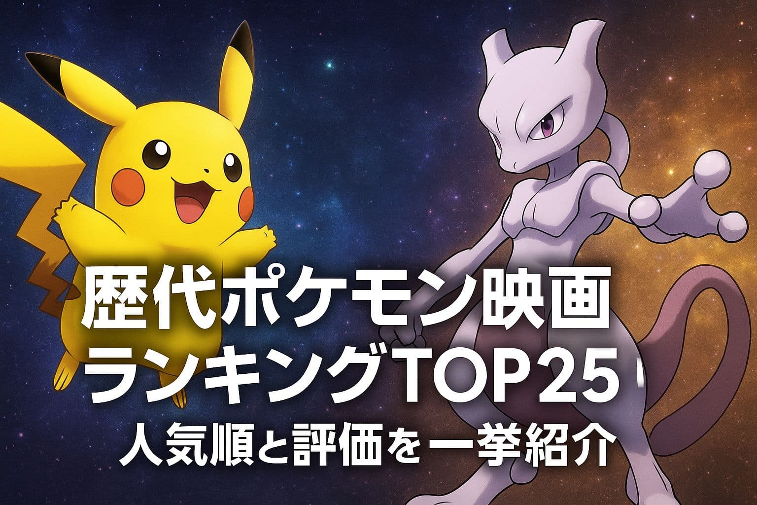 歴代ポケモン映画のランキングを紹介するアイキャッチ画像。左に笑顔のピカチュウ、右に構えるミュウツー、背景は宇宙をイメージしたグラデーション。
