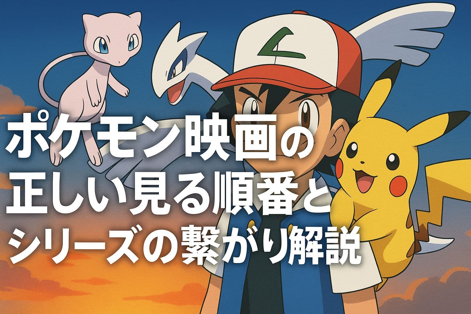 ポケモン映画の見る順番を解説するアイキャッチ画像。中央に「ポケモン映画の正しい見る順番とシリーズの繋がり解説」の文字。背景には夕焼け空と共にサトシ、ピカチュウ、ミュウ、ルギアが描かれている。