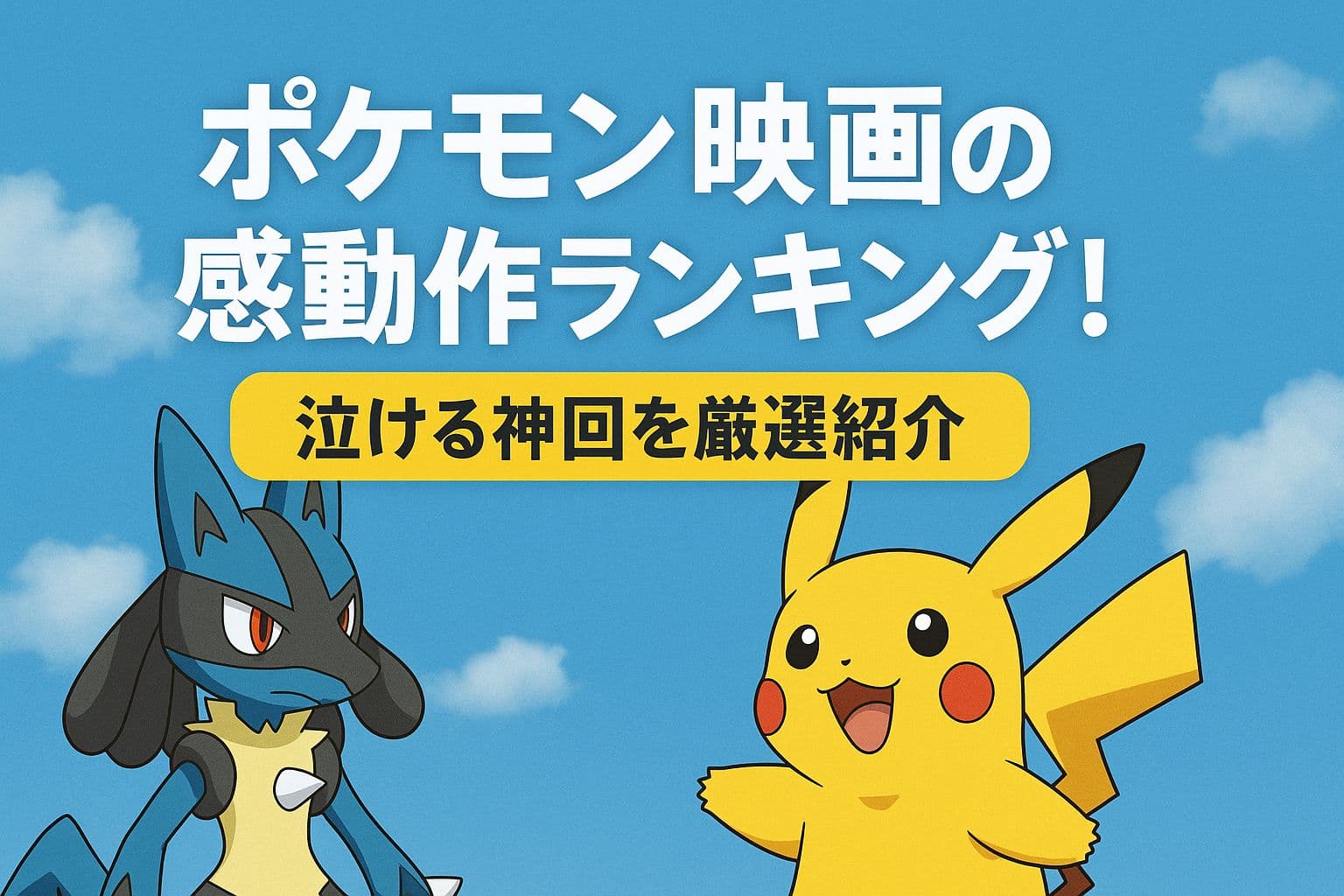 「ポケモン映画の感動作ランキング！」というタイトルが中央に配置され、背景は青空。左右にはルカリオとピカチュウが描かれているアイキャッチ画像。