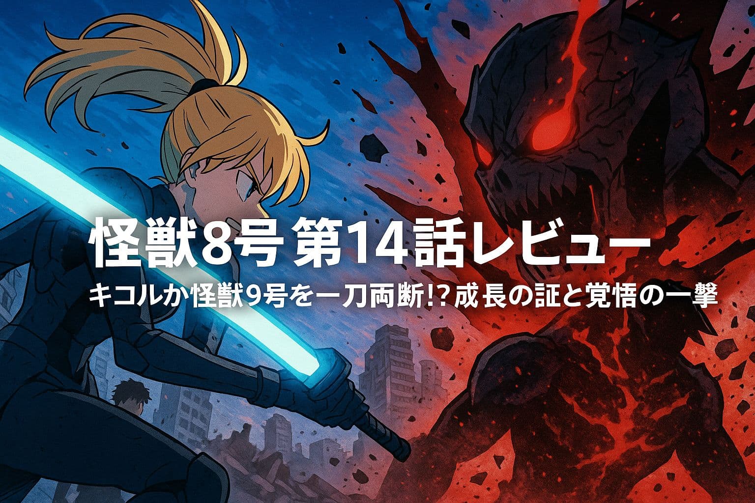 『怪獣8号』第14話のアイキャッチ画像。左側には剣を構えたキコルが怪獣9号に向かって斬りかかる瞬間が描かれ、右側には斬撃を受けて真っ二つになりかけた怪獣9号が赤く光る目を見開いている。背景には崩壊した都市と驚くカフカの姿。中央にはレビュータイトルの白文字が配置されている。