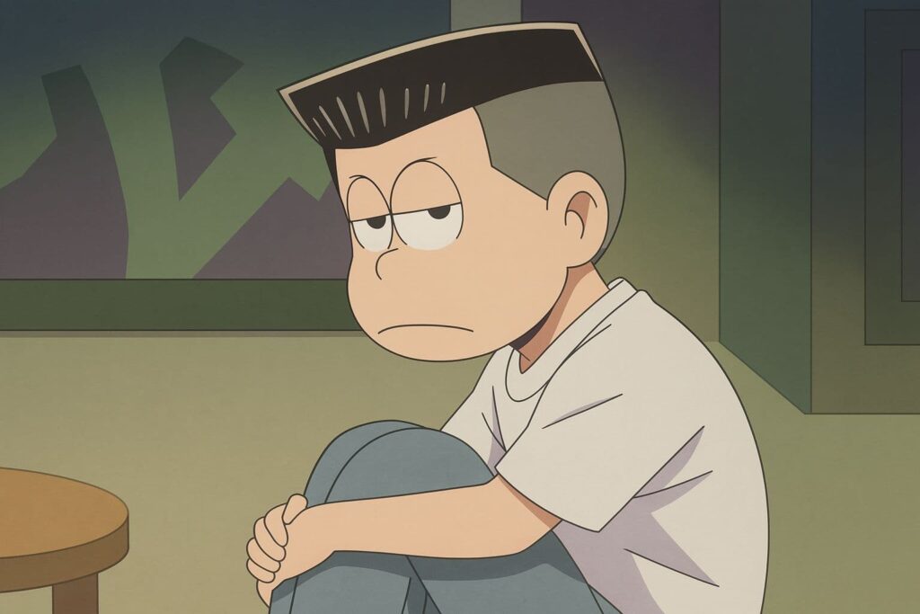 角刈りにした少年が部屋の隅で膝を抱えて座っているアニメ風イラスト。表情は無表情で、静かな室内の雰囲気が漂う。