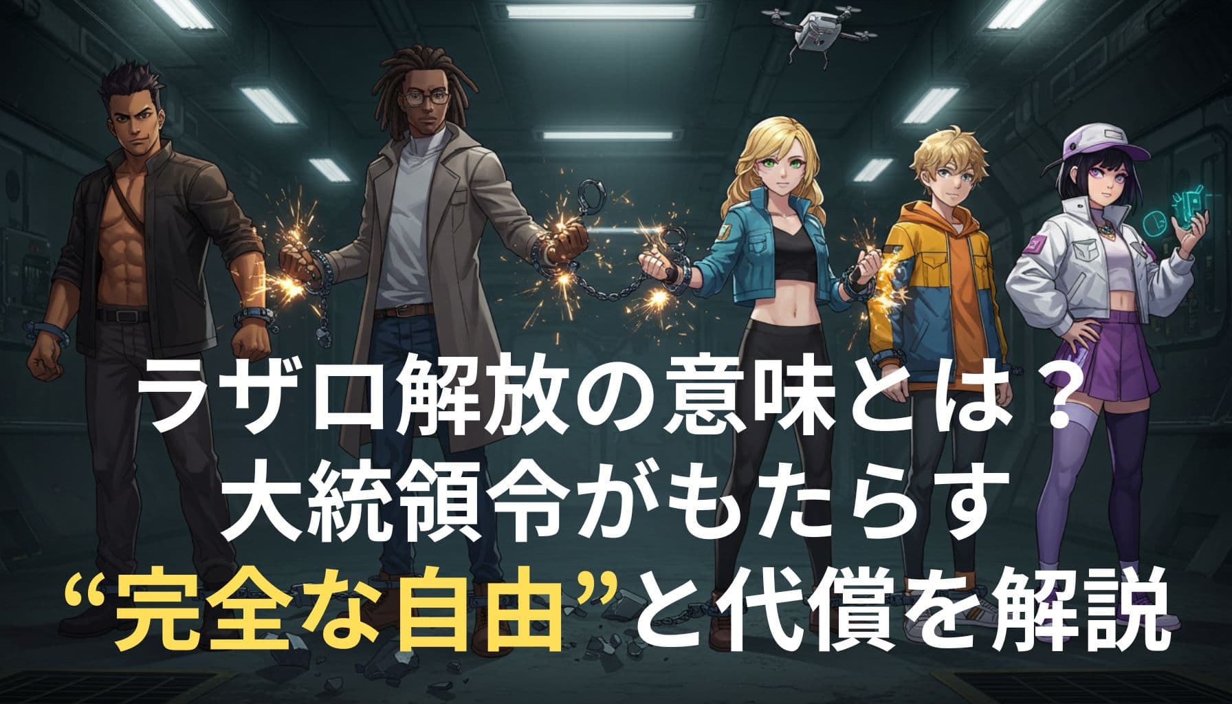 ラザロチーム5人が手錠を外される瞬間を描いたアニメ風イラスト。「ラザロ解放の意味とは？大統領令がもたらす“完全な自由”と代償を解説」の文字入り。