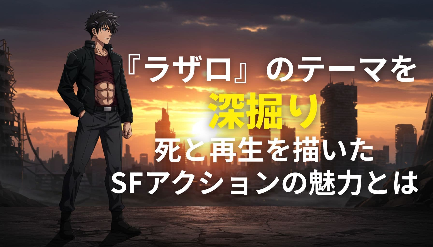 夕焼けの近未来都市を背景に立つ黒髪の男性キャラクターと、「ラザロのテーマを深掘り｜死と再生を描いたSFアクションの魅力とは」というタイトル文字が重なるアニメ風バナー画像