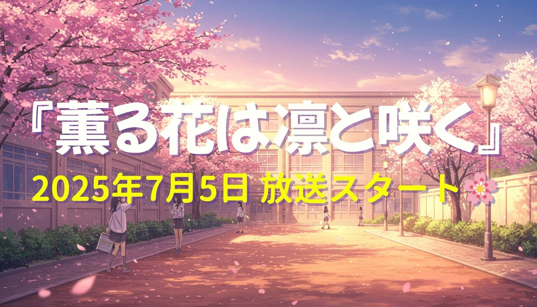 アニメ『薫る花は凛と咲く』2025年7月5日放送スタートを告知する桜並木の学園ビジュアル
