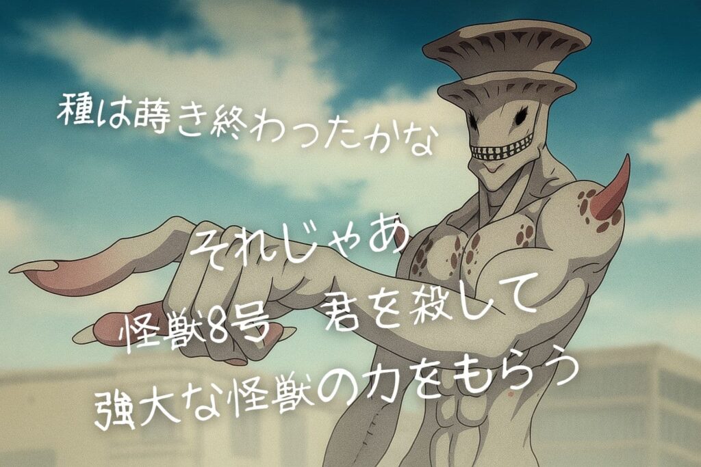 不気味な笑みを浮かべた怪獣9号が、鋭く伸びた指で前方を指し示すアニメ風イラスト。筋骨隆々とした白い身体と特徴的な頭部が印象的。