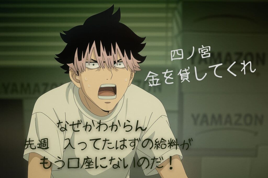 ピンクと黒の髪の青年が倉庫内で驚いた表情を浮かべ、大声で訴えるアニメ風イラスト。背景には「YAMAZON」の箱が積まれている。