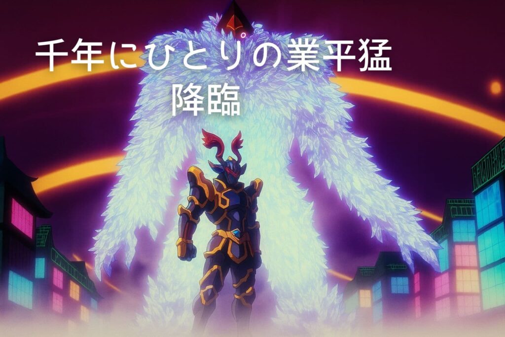 漆黒の鎧をまとった戦士が、巨大な氷のような結晶体の守護者を背に立つ壮麗なシーン。紫と赤の空間に、ネオンが灯る街並みと光の軌跡が交差する、幻想的な戦闘前の瞬間。