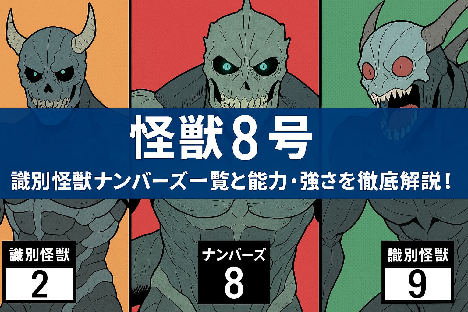 怪獣8号を中央に、左右に識別怪獣2号と9号を配したイラスト。背景はそれぞれオレンジ・赤・緑で色分けされ、中央には「怪獣8号 識別怪獣ナンバーズ一覧と能力・強さを徹底解説！」という白文字のタイトルが青い帯の上に配置されている。