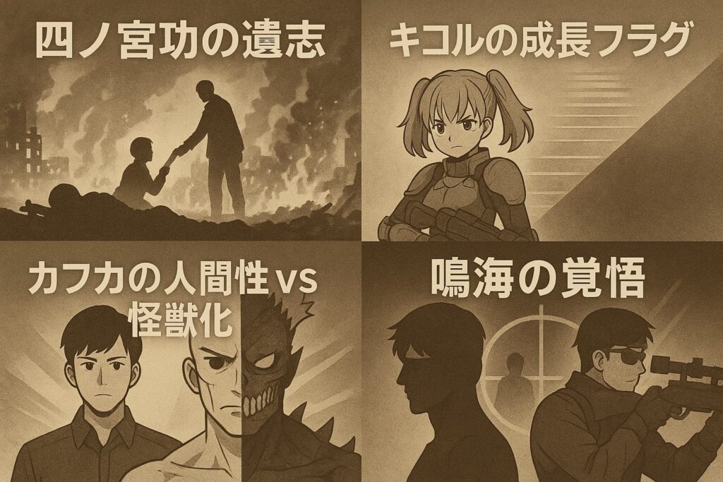 4分割されたセピア調のイラストで、『怪獣8号』第17話の考察ポイントを表現している。

左上：「四ノ宮功の遺志」― 燃え上がる戦場で、倒れた兵士と仲間に手を差し伸べるシルエット。

右上：「キコルの成長フラグ」― 武装した少女戦士が腕を組み、背後に成長を象徴する階段が描かれる。

左下：「カフカの人間性 vs 怪獣化」― 左半分が人間、右半分が怪獣となった対比的な顔。

右下：「鳴海の覚悟」― 狙撃銃を構える男のシルエットと照準のマーク。