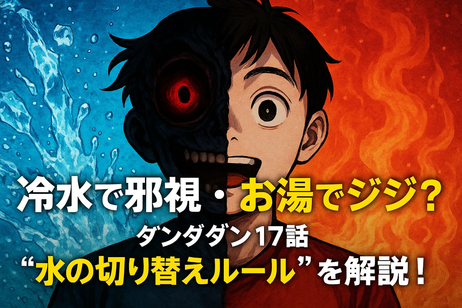 水と火の背景を背に、半分が邪視化したジジの顔を中央に据えた画像。左側は冷水に包まれた黒い邪視の顔、右側はお湯に戻った明るいジジの表情。中央に「冷水で邪視・お湯でジジ？ダンダダン17話 “水の切り替えルール”を解説！」というテキスト。