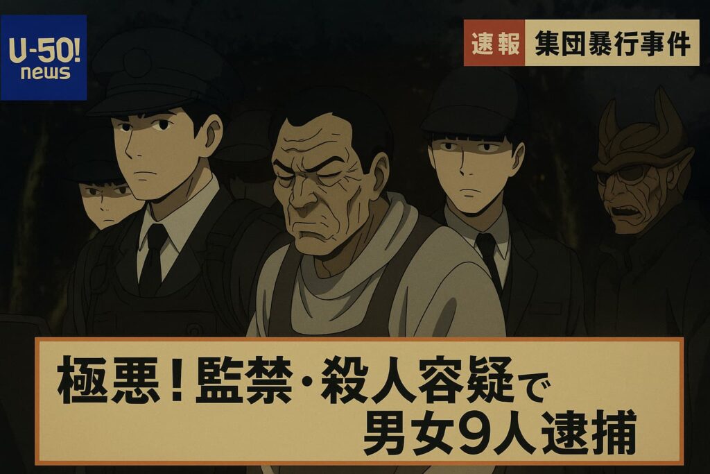アニメ風のニュース速報画面で、森の中で複数の人物が警察に取り押さえられている様子が描かれている。中央には顔に深いしわを刻んだ男性がうつむき、警官に付き添われている。画面左上には「U-50! news」のロゴ、右上には赤と白の「速報 集団暴行事件」のテロップが表示され、下部にはオリジナルフォントで「極悪!監禁・殺人容疑で男女9人逮捕」と黄色の帯に黒文字で記載されている。