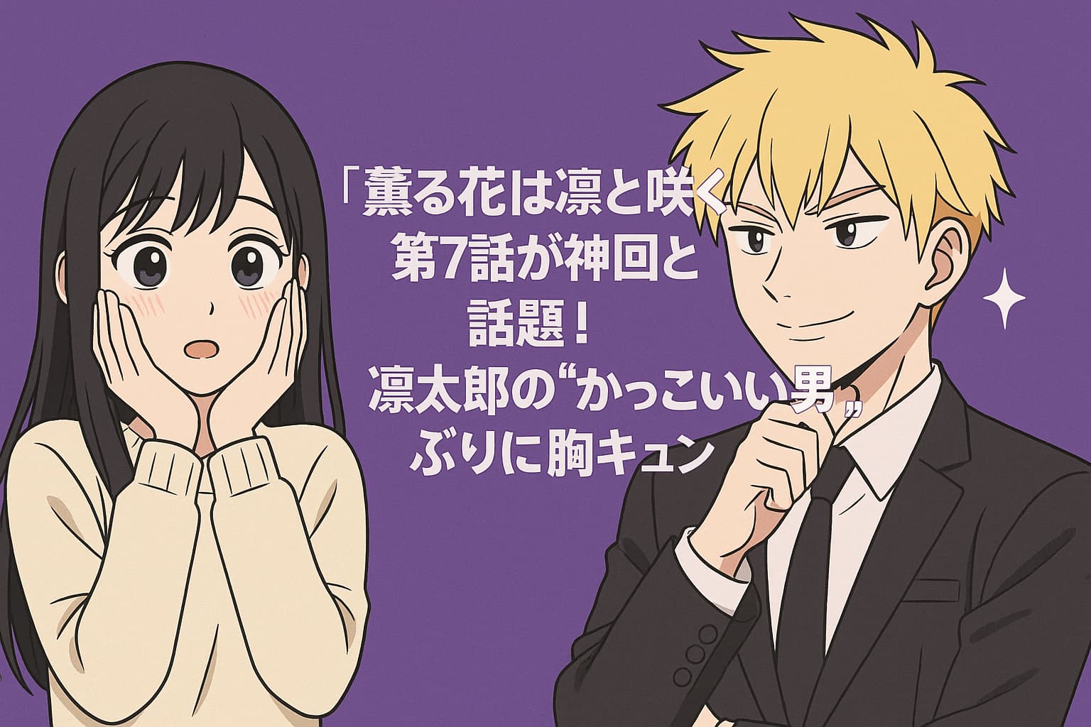 『薫る花は凛と咲く』第7話を紹介するアイキャッチ画像。黒髪の女子生徒が驚いた表情を見せ、金髪の男子生徒が自信に満ちた笑みを浮かべている。中央には「『薫る花は凛と咲く』第7話が神回と話題！凛太郎の“かっこいい男”ぶりに胸キュン」というタイトルが配置されている。