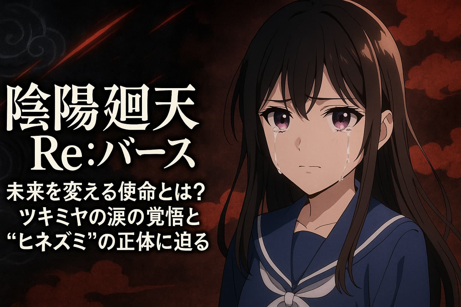 涙を流しながら決意の表情を見せる「ツキミヤ」と、暗く渦巻く空が背景に描かれたアニメ風イラスト。中央には「陰陽廻天Re：バース　未来を変える使命とは？ツキミヤの涙の覚悟と“ヒネズミ”の正体に迫る」というタイトルが配置されている。
