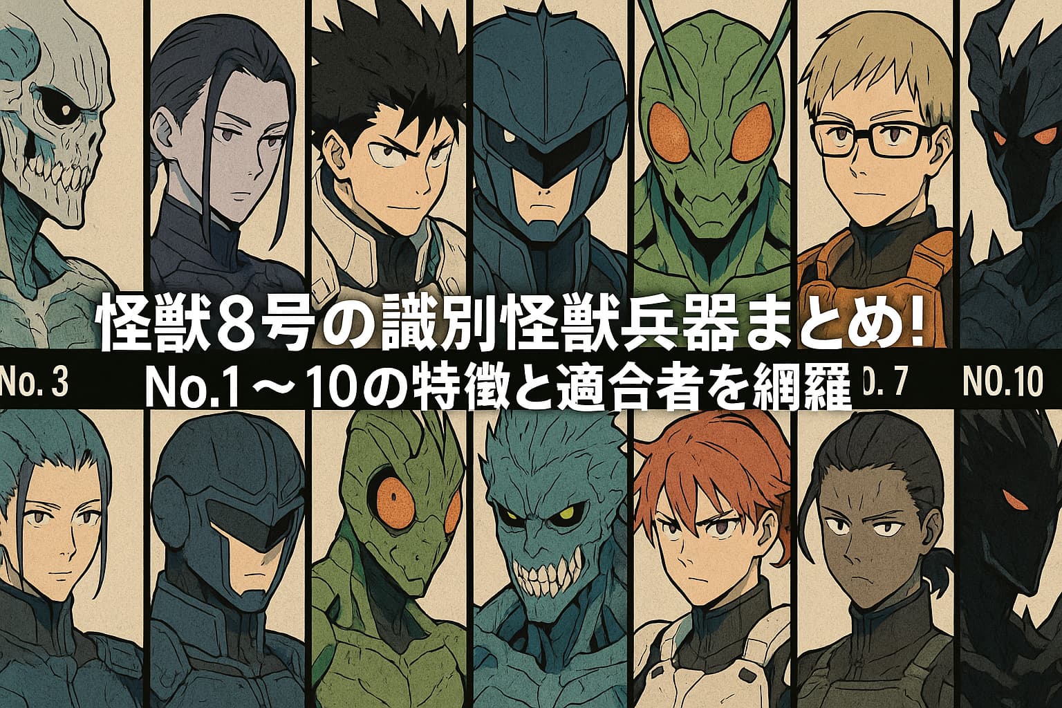 怪獣8号に登場する識別怪獣兵器No.1〜No.10の適合者たちが並んだイラスト。中央には『怪獣8号の識別怪獣兵器まとめ！No.1〜10の特徴と適合者を網羅』というタイトルが表示されている。