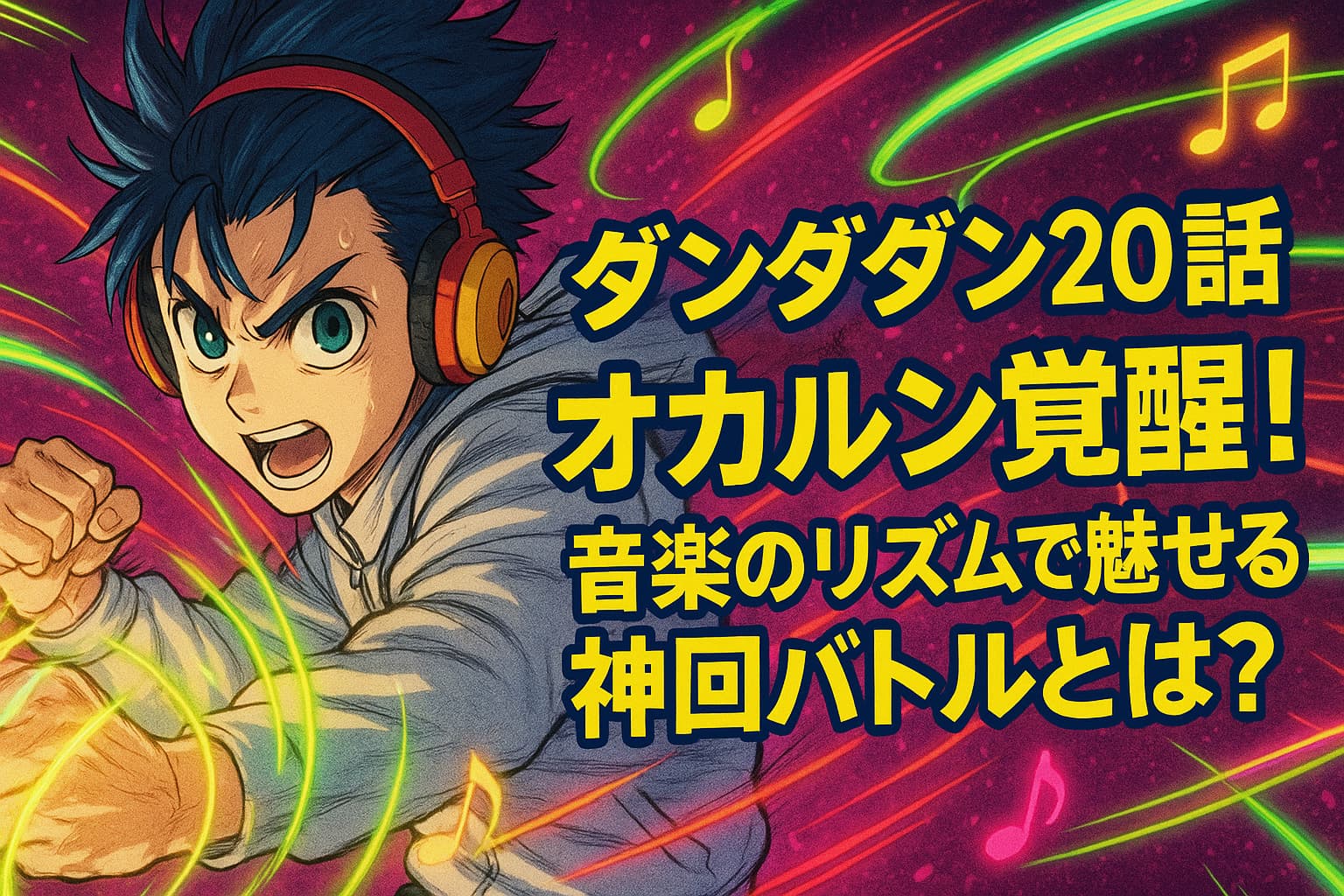 オカルンが音楽のリズムに乗って覚醒し、カラフルな音符と光線の中でバトルモードに突入している様子を描いたアニメ風のアイキャッチ画像。右側には「ダンダダン20話 オカルン覚醒！音楽のリズムで魅せる神回バトルとは？」というタイトルが中央に大きく配置されている。