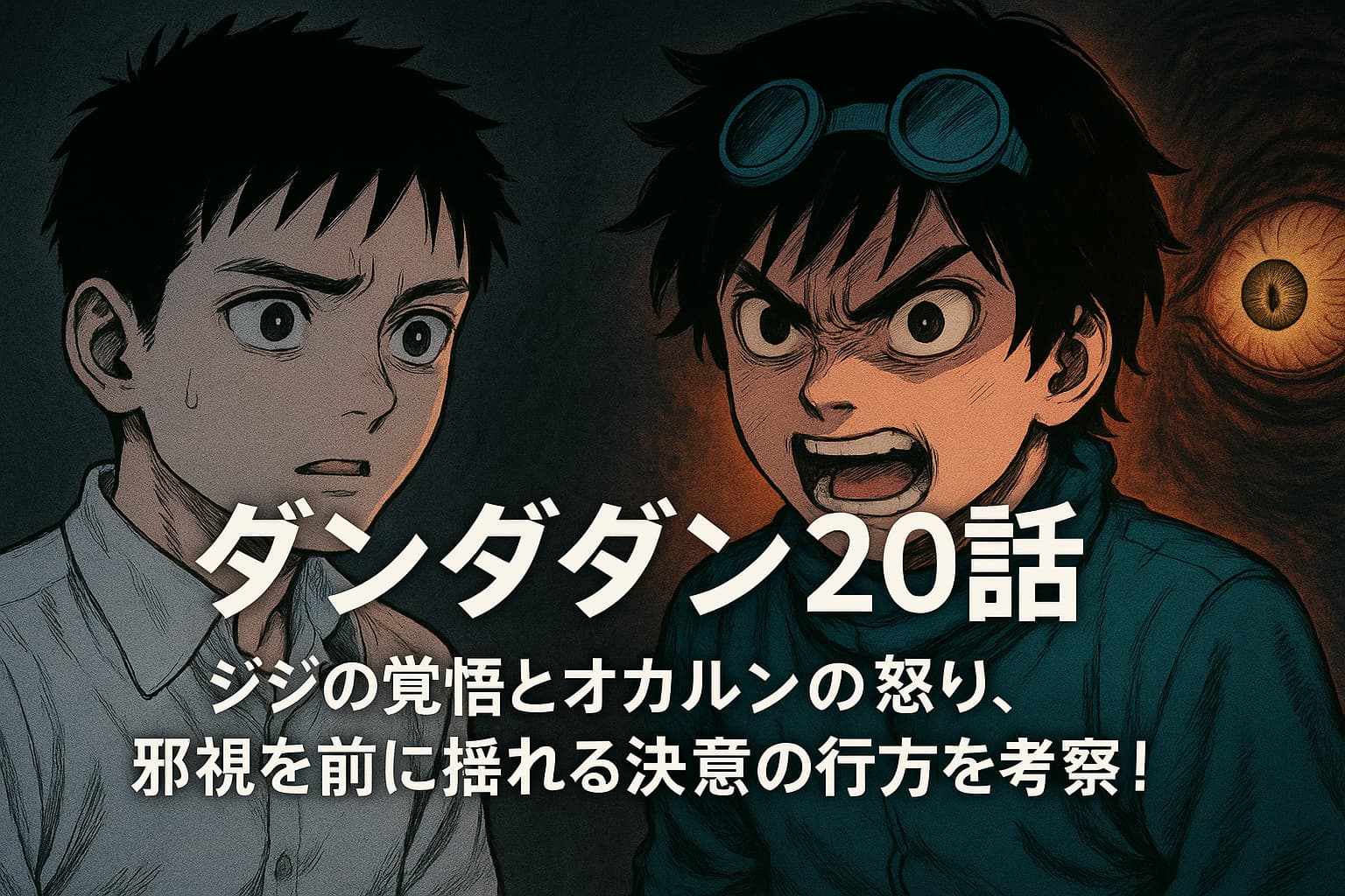 アニメ「ダンダダン」20話の考察用アイキャッチ画像。左に不安げなジジ、右に怒りをあらわにするオカルン、背後には不気味な邪視の目が浮かび上がる。中央にタイトルテキストが配置されている。