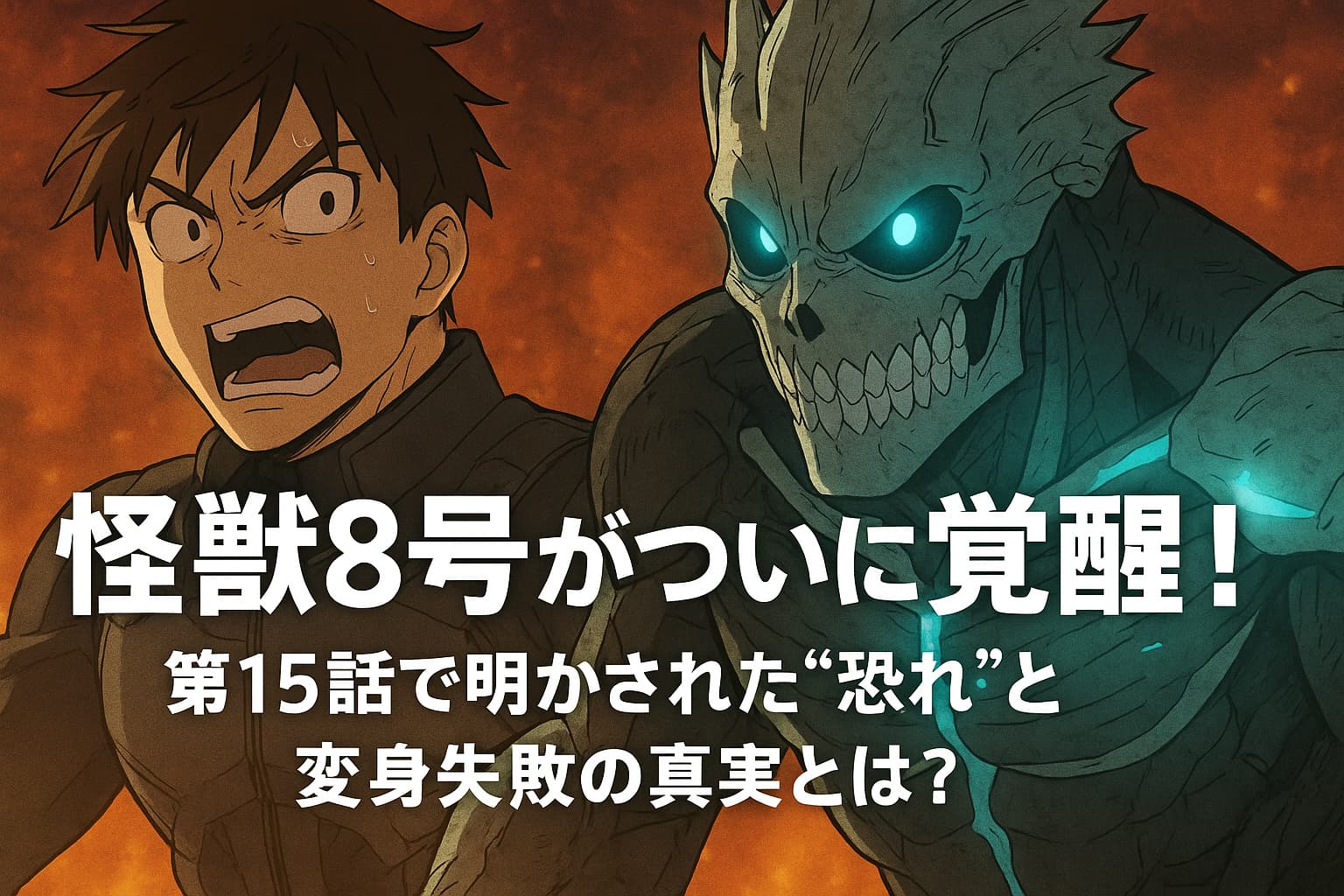 アニメ『怪獣8号』第15話の名シーン。日比野カフカと覚醒した怪獣8号が炎の背景で並び立ち、中央に「怪獣8号がついに覚醒！第15話で明かされた“恐れ”と変身失敗の真実とは？」というタイトル文字が表示されている。