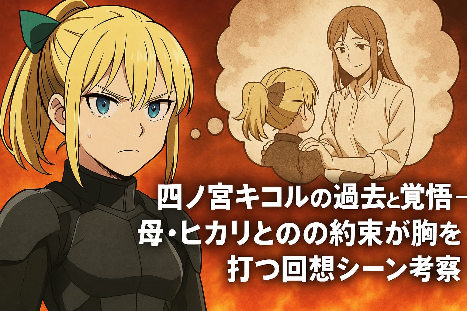 四ノ宮キコルが真剣な表情で前を見据える姿と、その横に幼少期のキコルと母・ヒカリが約束を交わす回想シーンが描かれたアニメ風画像。背景には炎が燃え上がり、中央には「四ノ宮キコルの過去と覚悟――母・ヒカリとの約束が胸を打つ回想シーン考察」というタイトルが配置されている。