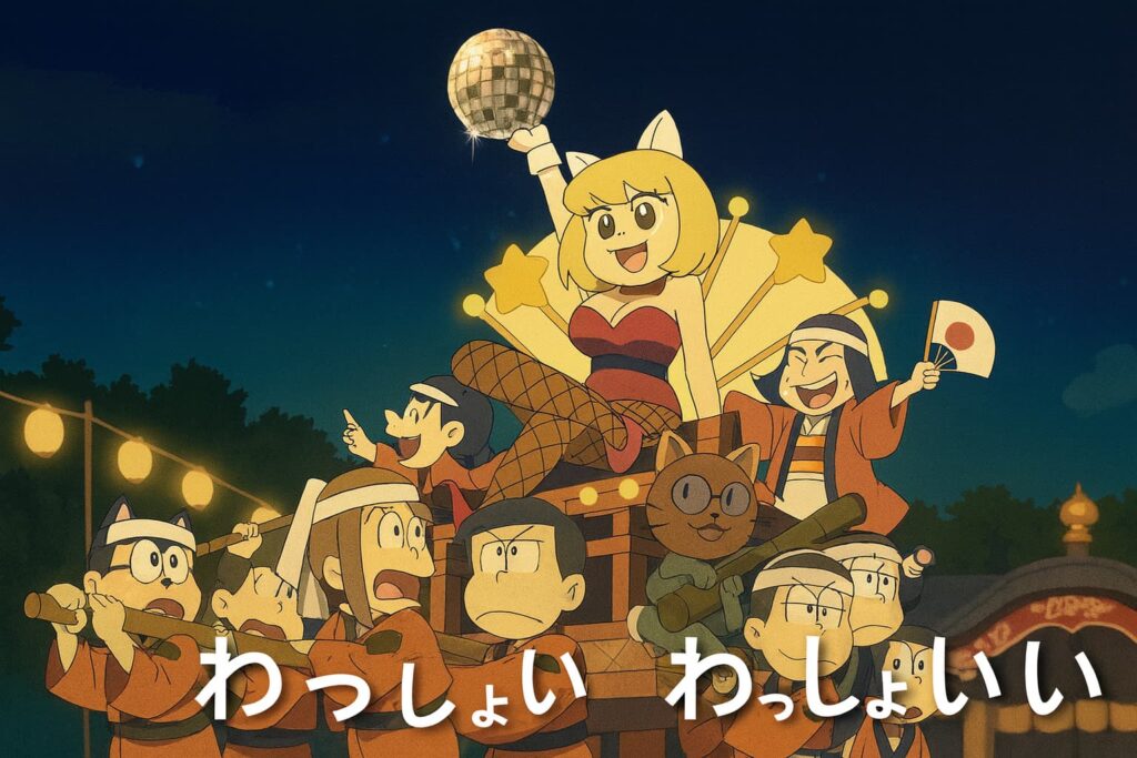 夜空の下、提灯が揺れる縁日で、おそ松さんたちが神輿を担ぎながら『わっしょい わっしょい』と元気に掛け声をあげる。神輿の上には猫耳の女性と猫のキャラが乗っており、華やかでにぎやかな祭りの雰囲気が広がる。