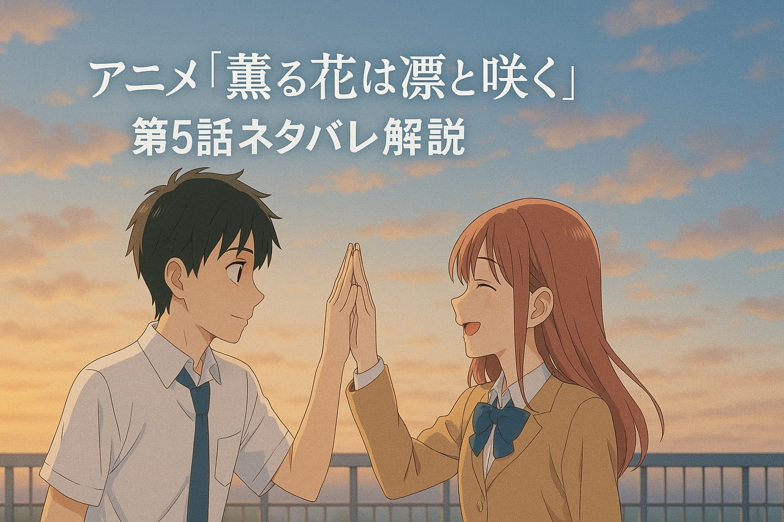 夕暮れの学校の屋上で、笑顔でハイタッチを交わす制服姿の男女高校生。アニメ『薫る花は凛と咲く』第5話のワンシーンを再現。