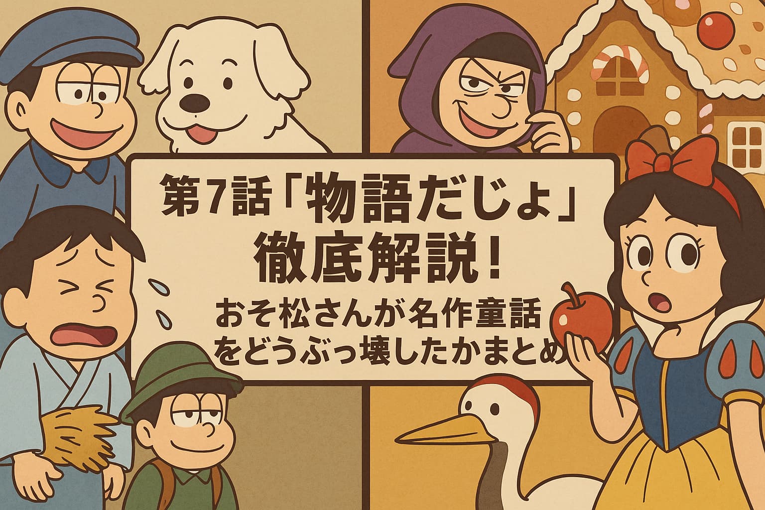 「おそ松さん」第7話『物語だじょ』のアイキャッチ画像。フランダースの犬、ヘンデルとグレーテル、白雪姫、つるの恩返しをモチーフにしたキャラクターが登場し、中央にエピソード解説のタイトルが配置されているユーモラスなパロディ風イラスト。
