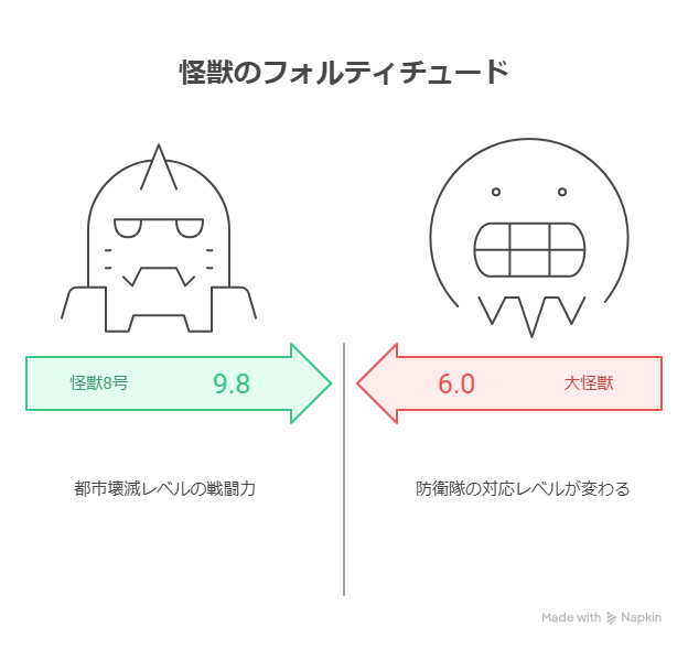 「怪獣のフォルティチュード」と題された図。左には怪獣8号のイラストと緑色の右向き矢印があり、「怪獣8号 9.8」と表示。都市壊滅レベルの戦闘力と記載されている。右側には大怪獣のイラストと赤色の左向き矢印があり、「大怪獣 6.0」と表示。防衛隊の対応レベルが変わると補足がある。