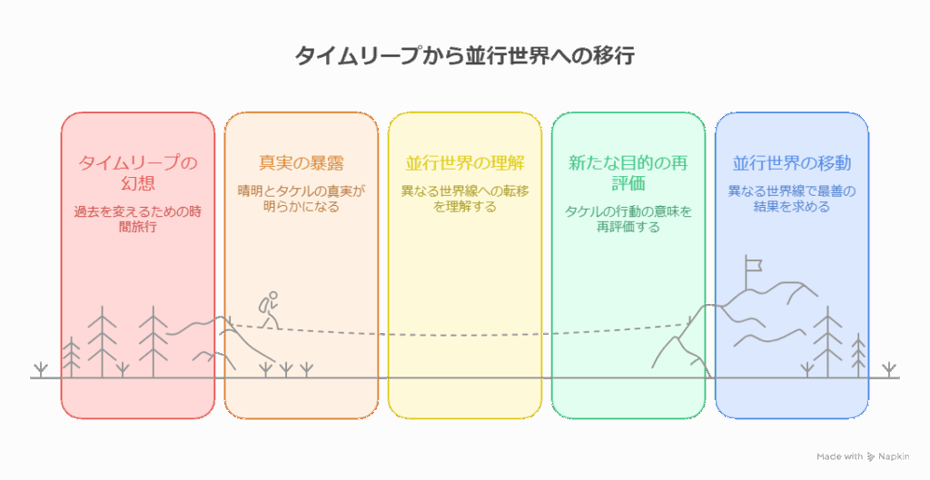 『陰陽廻天 Re:バース』第7話考察、タイムリープからの平行世界の移行の解説画像。5つの色違いのトランプ型が横に並んでいる。