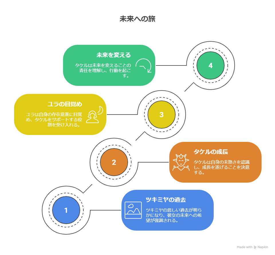 「未来への旅」を4つのステップで示した図解。
1：「ツキミヤの過去」では彼女の悲しい過去が明かされる。
2：「ユラの目覚め」ではユラが自身の存在意義に目覚め、支援役を受け入れる。
3：「タケルの成長」ではタケルが未熟さを認識し、成長を決意。
4：「未来を変える」では、タケルが責任を理解し行動を起こす。
それぞれのステップが色分けされた吹き出しと番号付きの円で繋がれている。